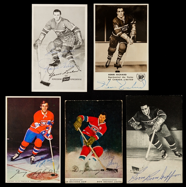 Deceased HOFers Maurice Richard, Doug Harvey, Boom Boom Geoffrion, Henri Richard & Guy Lafleur Signed Montreal Canadiens Postcards (5) with LOA
