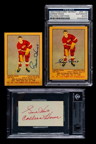 Deceased HOFer Gordie Howe Signed 1993 Parkhurst Reprint Rookie Cards (2 - Both Authenticated), Signed Cut (Beckett) and Signed Photo