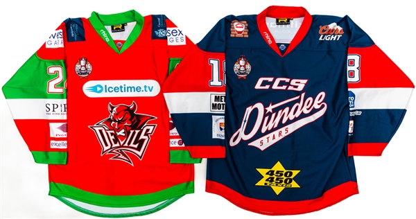 Andrew Hothams and Justin Farynas 2015-16 EIHL Cardiff Devils and Dundee Stars Game-Worn Jerseys 