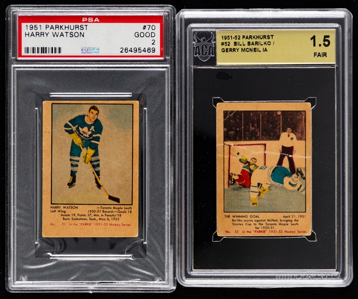 1951-52 Toronto Maple Leafs Parkhurst Hockey Cards (5) Including #52 The Winning Goal Barilko/McNeil (Graded ACA 1.5) and PSA Graded Cards (3)