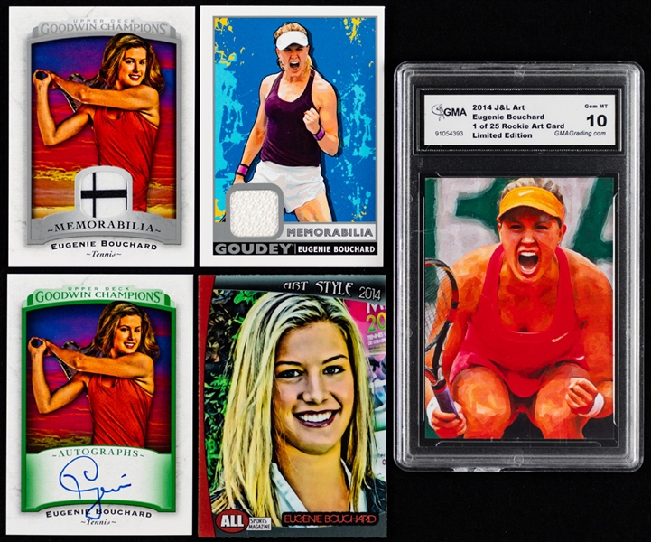 Eugenie Bouchard Tennis Cards (5) Including 2017 Upper Deck Goodwin Champions Autographs #A-EB and Memorabilia Cards #GM-EB #M-EB Plus Art Cards (2)