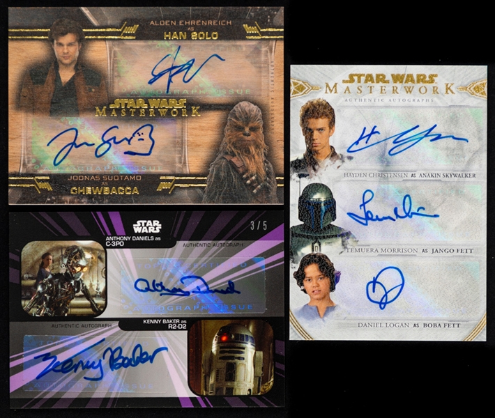 2016-19 Star Wars Cards (12) Including 2019 Topps On Demand Daniels/Baker Dual-Signed Card #28P-A (3/5) and 2018 Masterworks Christensen/Morrison/Logan Triple-Signed Card #TA-CML (03/25)