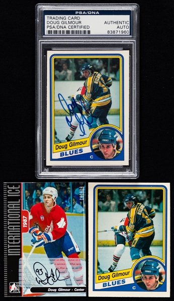 1984-85 O-Pee-Chee Hockey Cards #185 HOFer Doug Gilmour Rookie (2) Including PSA/DNA Certified Signed Example Plus Additional Signed Card, Signed Puck and Signed Framed Display