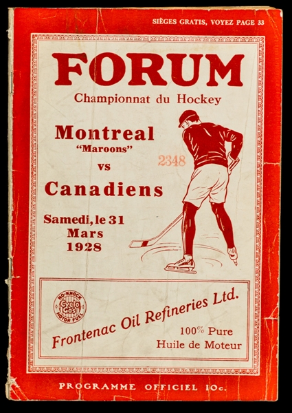 March 31st 1928 Stanley Cup Semi-Finals Game #1 Montreal Forum Program - Montreal Maroons vs Montreal Canadiens 