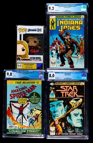 1980 Star Trek #1 (CGC 8.0), 1983 Indiana Jones #1 (CGC 9.0), 2019 True Believers: Amazing Spider-Man #1 (CGC 9.8) and Brie Larson Signed Captain Marvel Funko Pop (JSA)