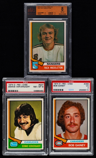 1974-75 O-Pee-Chee PSA/BVG-Graded Hockey Cards (7 - Most are RC) Including #304 Rick Middleton Rookie (BVG 8), #207 Dennis Ververgaert Rookie (PSA 8) and #388 HOFer Bob Gainey Rookie (PSA 3)