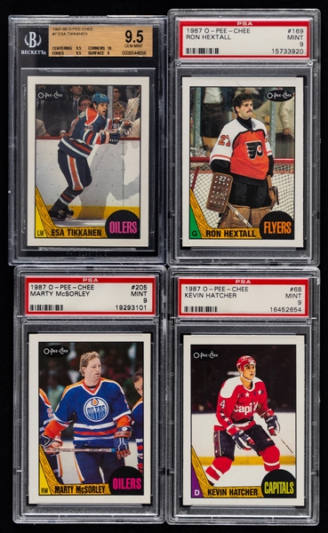 1987-88 O-Pee-Chee PSA/BVG-Graded Hockey Cards (9 - All RC) Including #7 Esa Tikkanen Rookie (BVG 9.5), #169 Ron Hextall Rookie (PSA 9) and #205 Marty McSorley Rookie (PSA 9) 