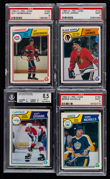 1983-84 O-Pee-Chee PSA/BVG-Graded Hockey Cards (13 - All RC) Including #185 HOFer Guy Carbonneau Rookie (PSA 9), #105 Steve Larmer Rookie (PSA 9) and #376 HOFer Scott Stevens Rookie (BVG 8.5) 