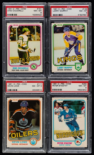 1981-82 O-Pee-Chee PSA/BVG-Graded Hockey Cards (16 - Most are RC) Including #161 HOFer Dino Ciccarelli Rookie (PSA 8), #148 HOFer Larry Murphy Rookie (PSA 8) and #117 HOFer Kevin Lowe Rookie (PSA 8) 