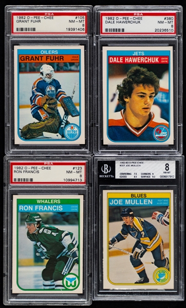 1982-83 O-Pee-Chee PSA/BVG-Graded Hockey Cards (17 - Most are RC) Including #105 HOFer Grant Fuhr Rookie (PSA 8), #380 HOFer Dale Andreychuk Rookie (PSA 8) and #123 HOFer Ron Francis Rookie (PSA 8) 