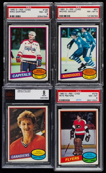 1980-81 O-Pee-Chee PSA/BVG-Graded Hockey Cards (24 - All RC) Including #195 HOFer Mike Gartner Rookie (PSA 8), #67 HOFer Michel Goulet Rookie (PSA 8) and #344 HOFer Rod Langway Rookie (BVG 8) 
