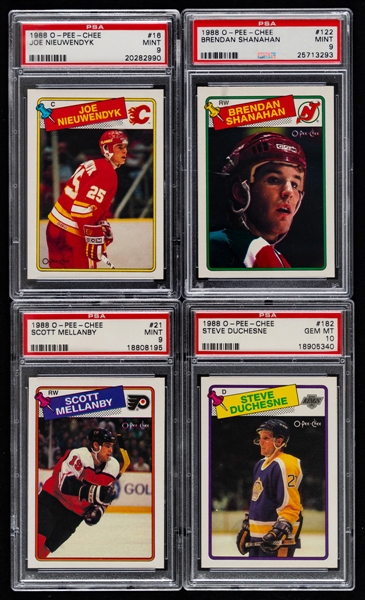 1988-89 O-Pee-Chee PSA-Graded Hockey Cards (10 - All RC) Including #16 HOFer Joe Nieuwendyk Rookie (PSA 9) and #122 HOFer Brendan Shanahan Rookie (PSA 9) 