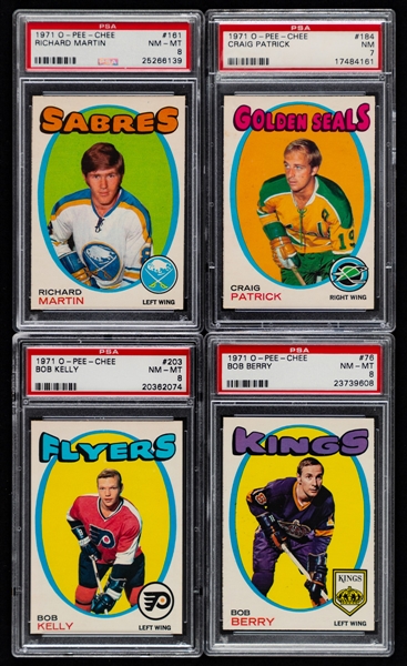 1971-72 O-Pee-Chee PSA/BVG-Graded Hockey Cards (11 - All RC) Including #161 Richard Martin Rookie (PSA 8), #184 Craig Patrick Rookie (PSA 7) and #203 Bob Kelly Rookie (PSA 8) 