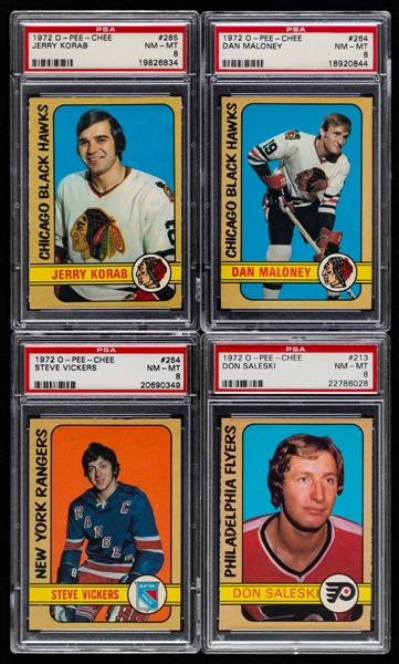 1972-73 O-Pee-Chee PSA/BVG-Graded Hockey Cards (10 - Most are RC) Including #285 Jerry Korab Rookie (PSA 8), #264 Dan Maloney Rookie (PSA 8) and #254 Steve Vickers Rookie (PSA 8) 