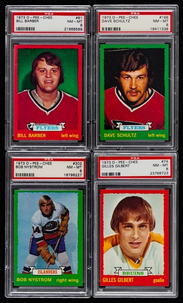 1973-74 O-Pee-Chee PSA/KSA-Graded Hockey Cards (10 - All RC) Including #81 HOFer Bill Barber Rookie (PSA 8), #166 Dave Schultz Rookie (PSA 8) and #202 Bob Nystrom Rookie (PSA 8) 