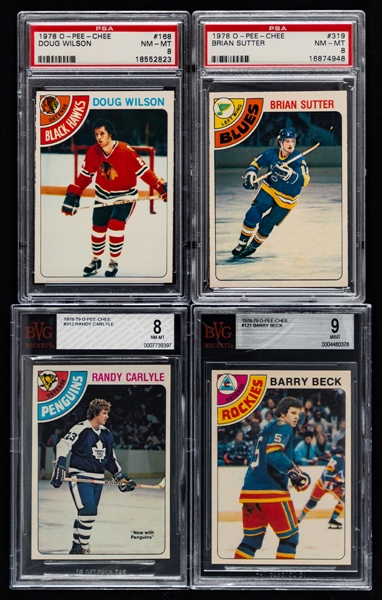 1978-79 O-Pee-Chee PSA/BVG-Graded Hockey Cards (9 - All RC) Including #81 HOFer Doug Wilson Rookie (PSA 8), #319 Brian Sutter Rookie (PSA 8) and #312 Randy Carlyle Rookie (BVG 8) 