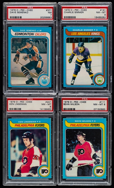 1979-80 O-Pee-Chee PSA-Graded Hockey Cards (13 - Most are RC) Including #371 Dave Semenko Rookie (PSA 7), #191 Charlie Simmer Rookie (PSA 8) and #241 Ken Linseman Rookie (PSA 8)