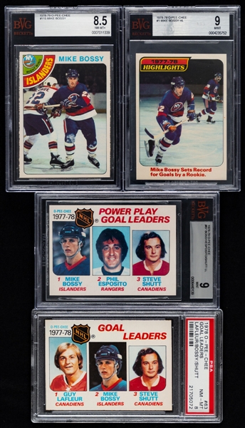 1978-79 to 1987-88 O-Pee-Chee PSA/BVG-Graded Hockey Cards of HOFer Mike Bossy (33) Including 1978-79 Rookie Card #115 (BCG 8.5) and 1978-79 Card #1 1977-78 Highlights (BVG 9)