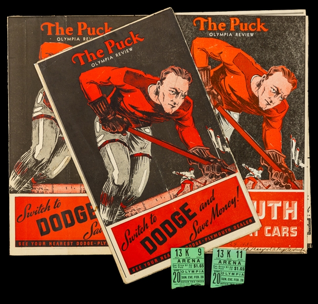 Detroit Red Wings 1935-37 Detroit Olympia Program (3) and Ticket Stub (2) Collection of 5 