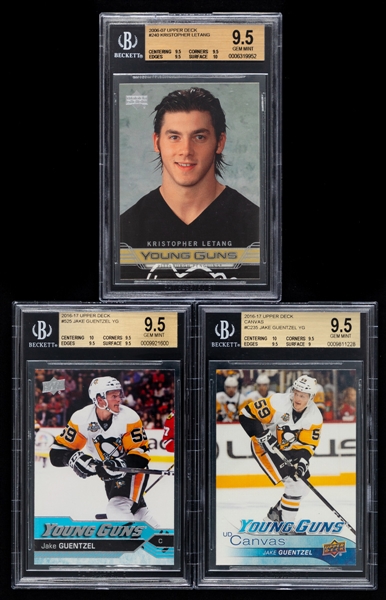 2006-07 to 2016-17 Upper Deck Young Guns Hockey Cards (3) Including #240 Kristopher Letang Rookie (Graded Beckett GEM MT 9.5) and #525 Jake Guentzel Rookie (Graded Beckett GEM MT 9.5)