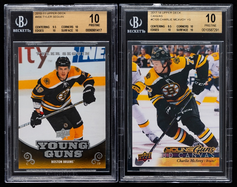 2007-08 to 2017-18 Upper Deck Young Guns Hockey Cards (5) Including #456 Tyler Seguin Rookie (Graded Beckett Pristine 10) and #C105 Charlie McAvoy Rookie (Graded Beckett Pristine 10)