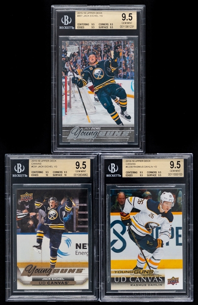 2015-16 and 2018-19 Upper Deck Young Guns Hockey Cards (3) Including #451 Jack Eichel Rookie (Graded Beckett GEM MT 9.5) and #C239 Rasmus Dahlin Rookie (Graded Beckett GEM MT 9.5)