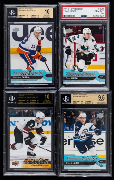 2016-17 and 2017-18 Upper Deck Young Guns Hockey Cards (4) Including #458 Mathew Barzal Rookie and #479 Timo Meier Rookie - All Beckett/PSA Graded 9.5 or 10