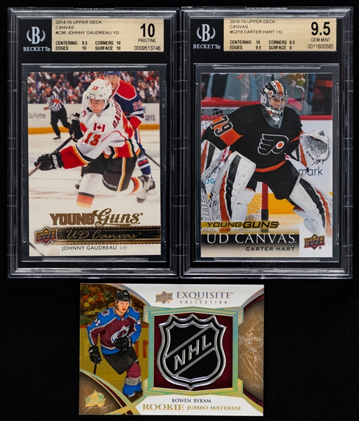 2013-14 to 2018-19 Upper Deck Young Guns Hockey Cards (7) Including #C96 Johnny Gaudreau Rookie and #C218 Carter Hart Rookie (All Beckett Graded / Most Pristine 10) Plus Byram Rookie Material (1/1)