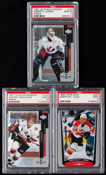 1997-98 UD Black Diamond Rookie Hockey Cards (3) Including #131 Roberto Luongo (PSA 10) and #150 Vincent Lecavalier (PSA 9) Plus 1995 and 1998 UD Rookie Cards of Theodore (PSA 10) and St. Louis 