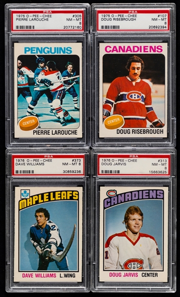 1975-76 to 1977-78 O-Pee-Chee PSA/Beckett/KSA-Graded Hockey Cards (23 - Most are RC) Including #373 Dave Williams Rookie (PSA 8) and #305 Pierre Larouche Rookie (PSA 8) - Most Graded 8 or Better
