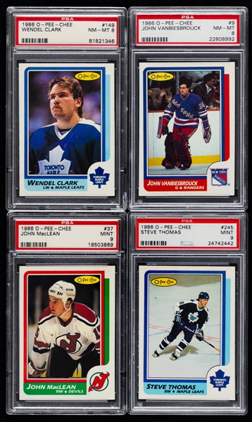 1986-87 O-Pee-Chee PSA-Graded Hockey Cards (10 - All RC) Including #149 Wendel Clark Rookie (PSA 8) and #9 John Vanbiesbrouck Rookie (PSA 8) - All Graded 8 or Better