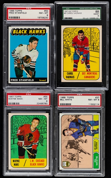 1963-64 to 1968-69 Topps/O-Pee-Chee Hockey Cards (11 - Most are RC) Including #63 Fred Stanfield Rookie (PSA 8) and #9 Carol Vadnais Rookie (SGC 8) - Most Cards Graded
