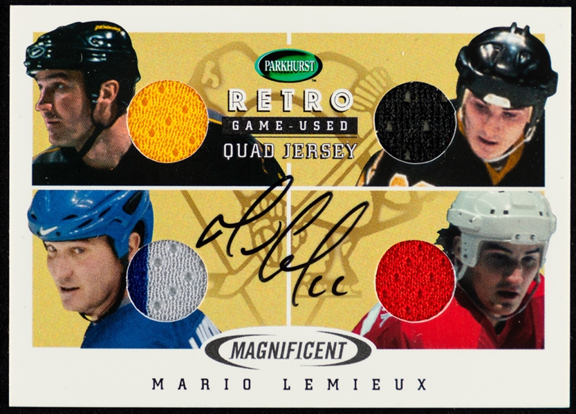 2002-03 Parkhurst Retro Game-Used Quad Jersey/Auto Hockey Card #MI-9 HOFer Mario Lemieux (3/5) and 2000-01 BAP Legend Memorabilia Emblem/Auto #L-5 HOFer Mario Lemieux (5/6)