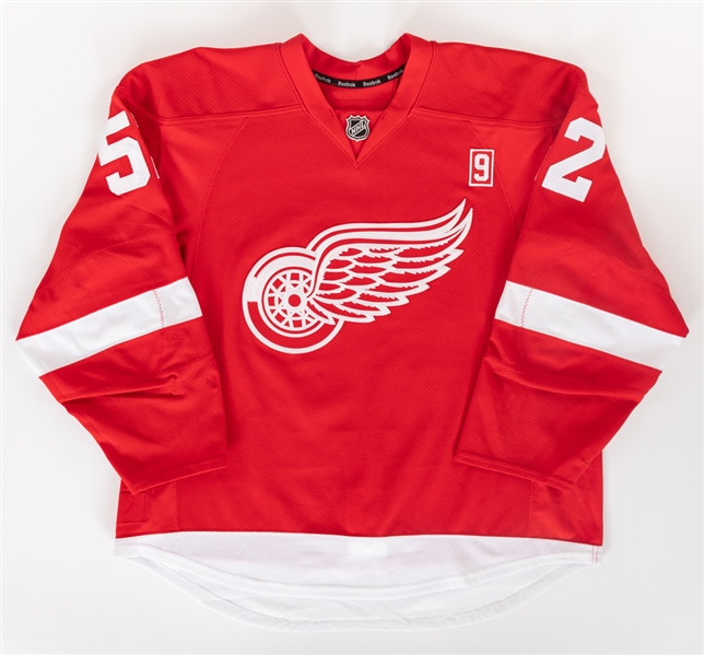 Jonathan Ericssons 2016-17 Detroit Red Wings Game-Worn Jersey with Team COA - Team Repairs! - Gordie Howe Memorial Patch! - Photo-Matched!