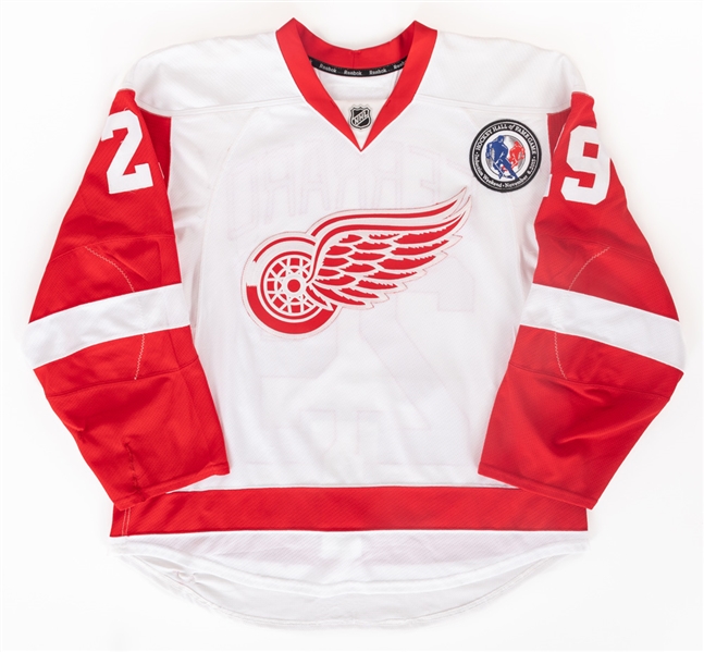 Landon Ferraros 2015-16 Detroit Red Wings "Hall of Fame Game" Game-Worn Jersey with Team COA - Team Repairs! - Photo-Matched!