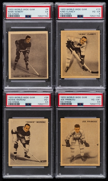1933-34 World Wide Gum Ice Kings V357 Complete 72-Card Set with PSA-Graded Cards (16) Inc. HOFers #8 Siebert RC (EX 5), #13 Clancy (VG-EX 4), #36 Morenz (VG+ 3.5) and #40 Primeau RC (VG-EX+ 4.5)