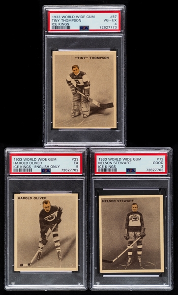 1933-34 World Wide Gum Ice Kings V357 Boston Bruins PSA-Graded Cards (3) of HOFers #57 Tiny Thompson Rookie (VG-EX 4), #12 Nelson Stewart Rookie (Good 2) and  #23 Harry Oliver (EX 5)