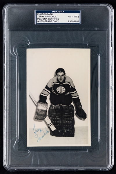 Deceased HOFer Terry Sawchuk Signed Boston Bruins Photo - Autograph Graded PSA/DNA NM-MT 8 