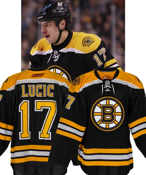 Milan Lucics 2009-10 Boston Bruins Game-Worn Jersey with Team LOA - Team-Repairs! - Photo-Matched!