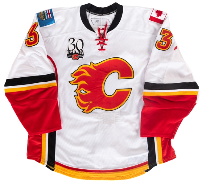 Brandon Prusts 2009-10 Calgary Flames Game-Worn Jersey with LOA (White Set 2) - 30th Anniversary Patch!