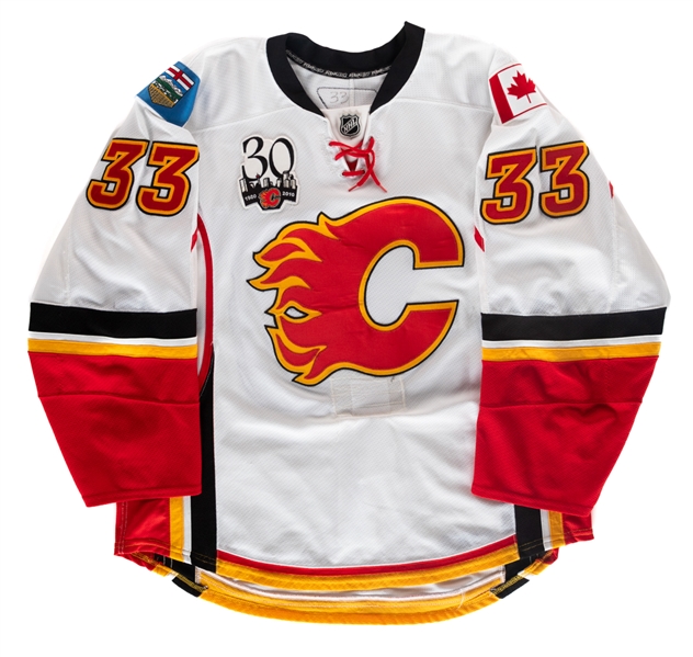 Brandon Prusts 2009-10 Calgary Flames Game-Worn Jersey with LOA (White Set 1) - 30th Patch! - Massive Team Repair!