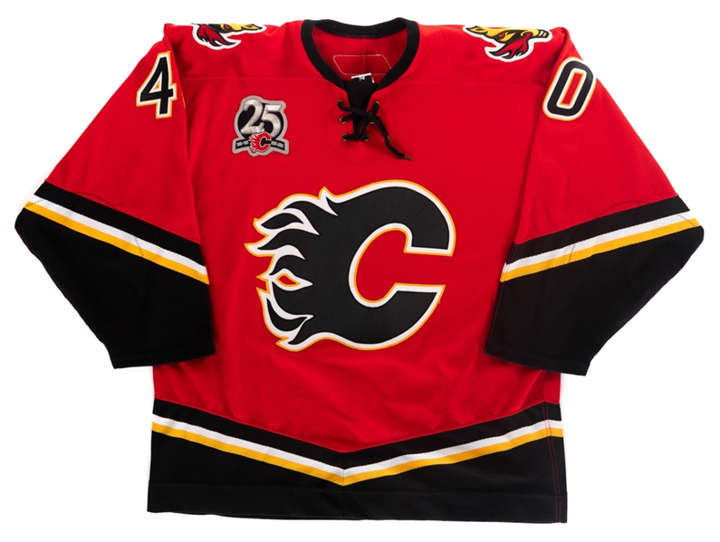 Brandon Prusts 2005-06 Calgary Flames Signed Game-Worn Pre-Season Jersey with LOA (Red Set 1) - 25th Anniversary Patch!