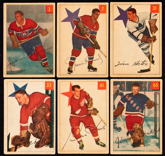 1954-55 Parkhurst Hockey Near Complete Card Set (80/100) Including Rookie Card of HOFer Worsley and Cards of HOFers Beliveau, Richard, Horton, Sawchuk, Howe and Bower
