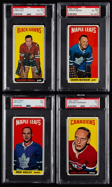 1964-65 Topps Hockey Series One PSA-Graded Cards (10) Including #12 HOFer Glenn Hall (EX-MT 6), #40 HOFer Johnny Bower (EX-MT 6), #44 HOFer Red Kelly (NM 7) and #53 HOFer Jacques Laperriere (EX 5)