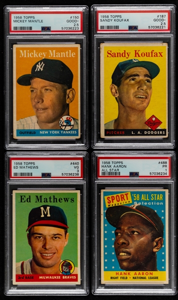 1958 Topps Baseball PSA-Graded Cards (4) Including #150 HOFer Mickey Mantle (GOOD+ 2.5), #187 HOFer Sandy Koufax (GOOD+ 2.5), #440 HOFer Ed Mathews (VG 3) and #448 HOF Hank Aaron All-Star (PR 1)
