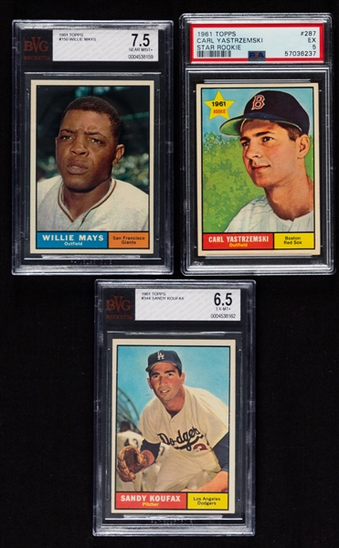1961 Topps Baseball BVG and PSA-Graded Cards (3) Including #150 HOFer Willie Mays (NEAR MINT+ 8.5), #287 HOFer Carl Yastrzemski (EX 5) and #344 HOFer Sandy Koufax (EX-MT+ 6.5)