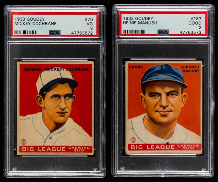 1933 Goudey Baseball Card #76 HOFer Mickey Cochrane (Graded PSA 3) and #187 HOFer Heinie Manush Rookie (Graded PSA 2)