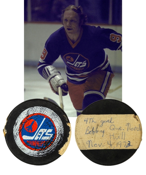 Bobby Hulls 1973-74 WHA Winnipeg Jets "4th Goal of Game" Goal Puck with LOA 