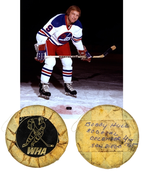 Bobby Hulls 1974-75 WHA Winnipeg Jets "800th Career Goal" Goal Puck with LOA 