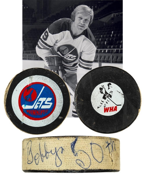 Bobby Hulls 1974-75 WHA Winnipeg Jets "50th Goal of Season" Goal Puck with LOA 